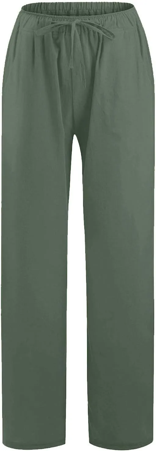 Linen Pants Women Summer Casual Baggy Wide Leg Pants Drawstring High Waisted Palazzo Pants with Pockets Travel Pants