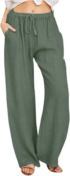 Linen Pants Women Summer Casual Baggy Wide Leg Pants Drawstring High Waisted Palazzo Pants with Pockets Travel Pants
