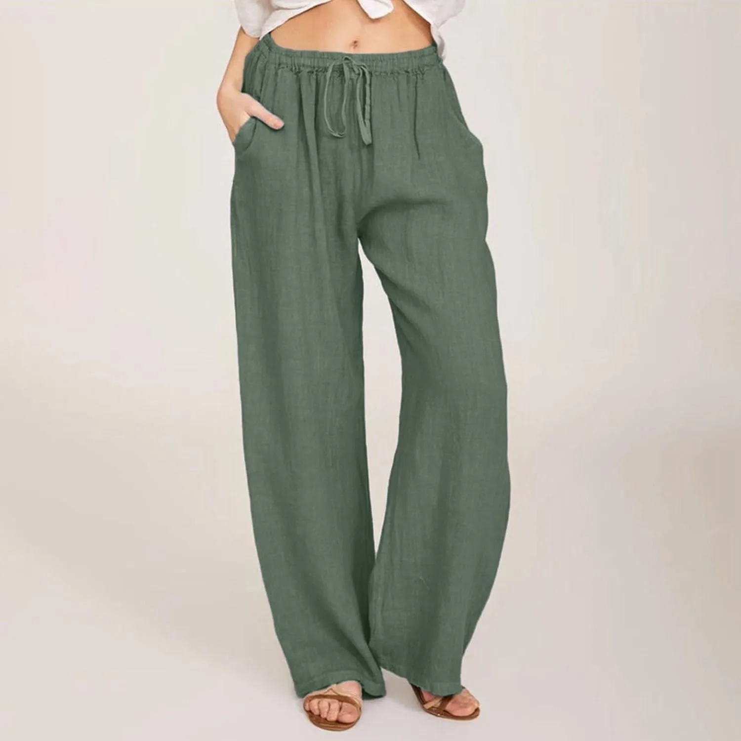 Linen Pants Women Summer Casual Baggy Wide Leg Pants Drawstring High Waisted Palazzo Pants with Pockets Travel Pants