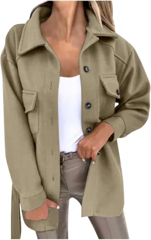 Lmdudan Women Long Sleeve Elegant Woolen Jacket Solid Color Lapel Button Down Coat Overcoat Casual Comfy Fashion Trench Coats