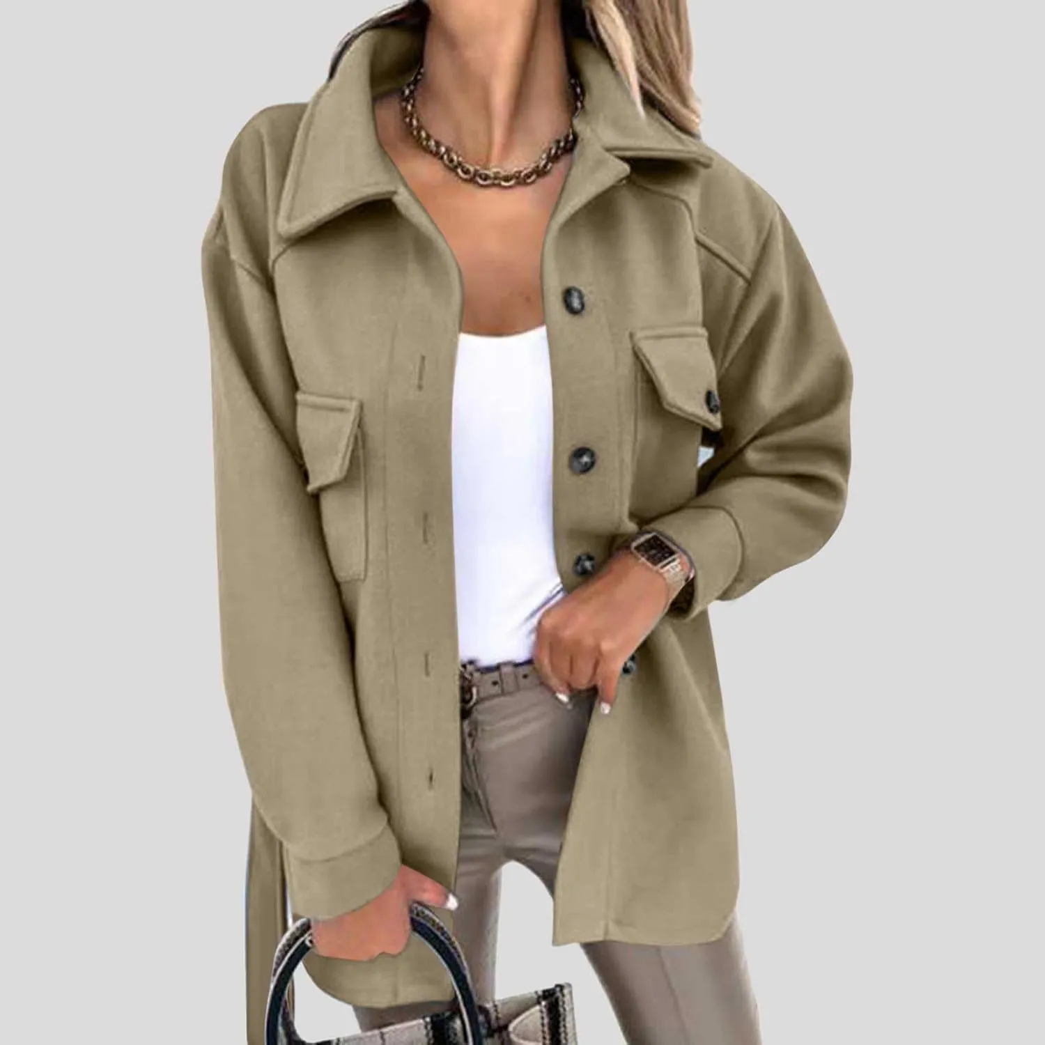 Lmdudan Women Long Sleeve Elegant Woolen Jacket Solid Color Lapel Button Down Coat Overcoat Casual Comfy Fashion Trench Coats