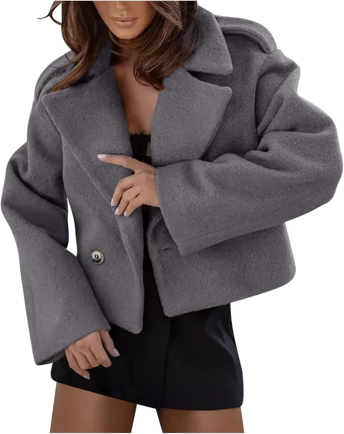 Lmdudan Women's Cropped Wool Blend Coat Notch Lapel Blazer Jacket Business Casual Winter Crop Pea Coat Cardigan Tops