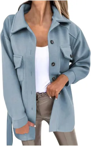 Lmdudan Womens Wool Blend Shacket Jacket Oversized Long Sleeve Button Down Jackets Solid Color Cardigan Outwear with Pocket