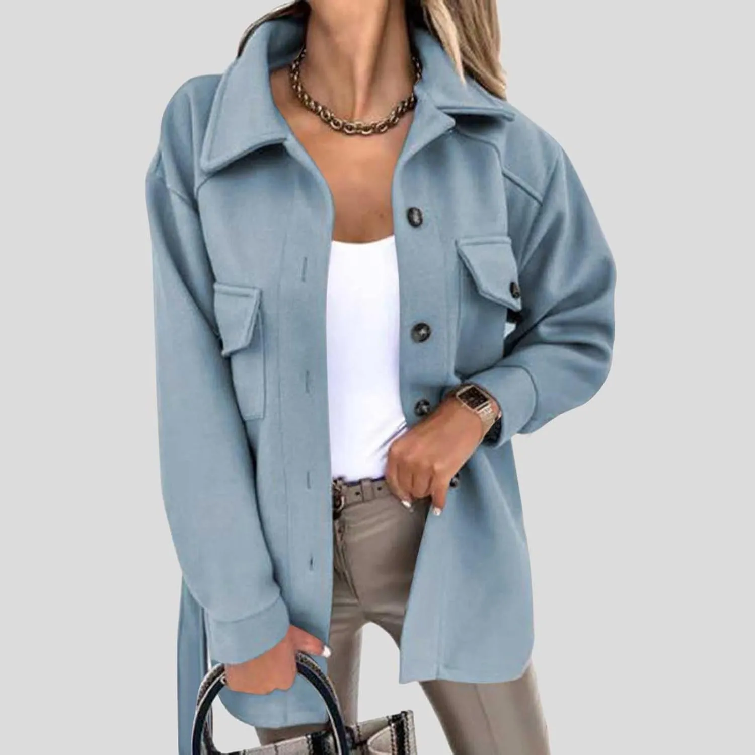 Lmdudan Womens Wool Blend Shacket Jacket Oversized Long Sleeve Button Down Jackets Solid Color Cardigan Outwear with Pocket