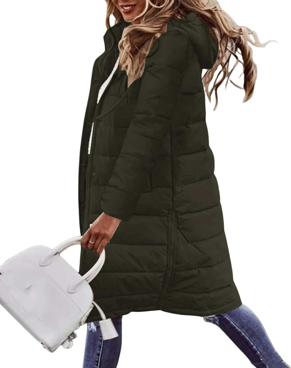 Long Down Jackets for Womens Winter Puffer Jacket Zip Up Hooded Jacket Casual Long Sleeve Quilted Coat