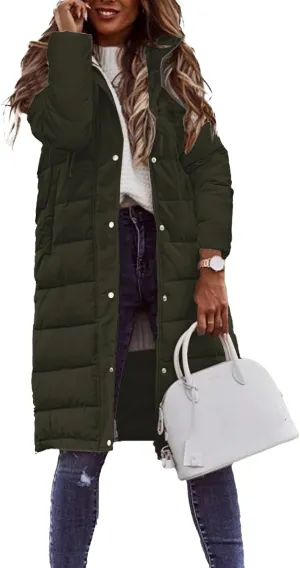 Long Down Jackets for Womens Winter Puffer Jacket Zip Up Hooded Jacket Casual Long Sleeve Quilted Coat