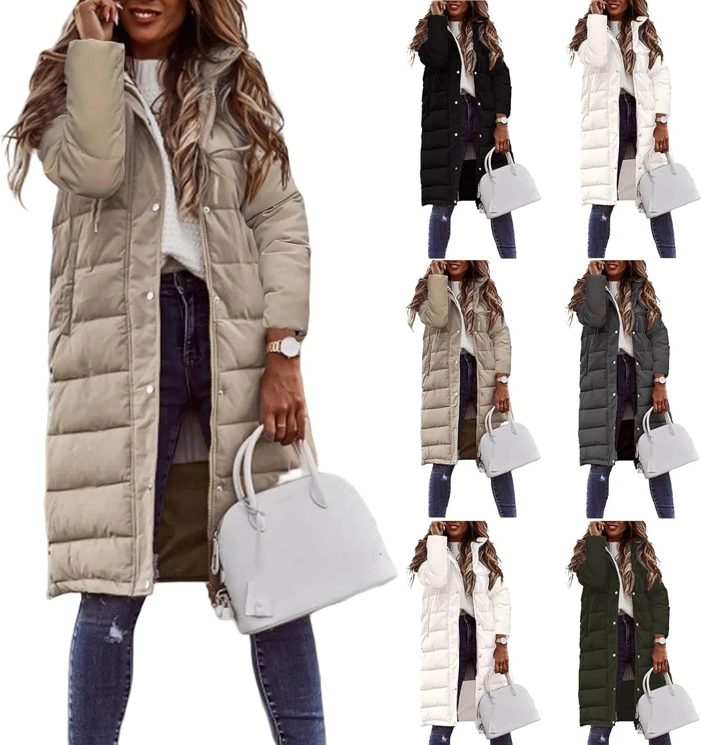Long Down Jackets for Womens Winter Puffer Jacket Zip Up Hooded Jacket Casual Long Sleeve Quilted Coat