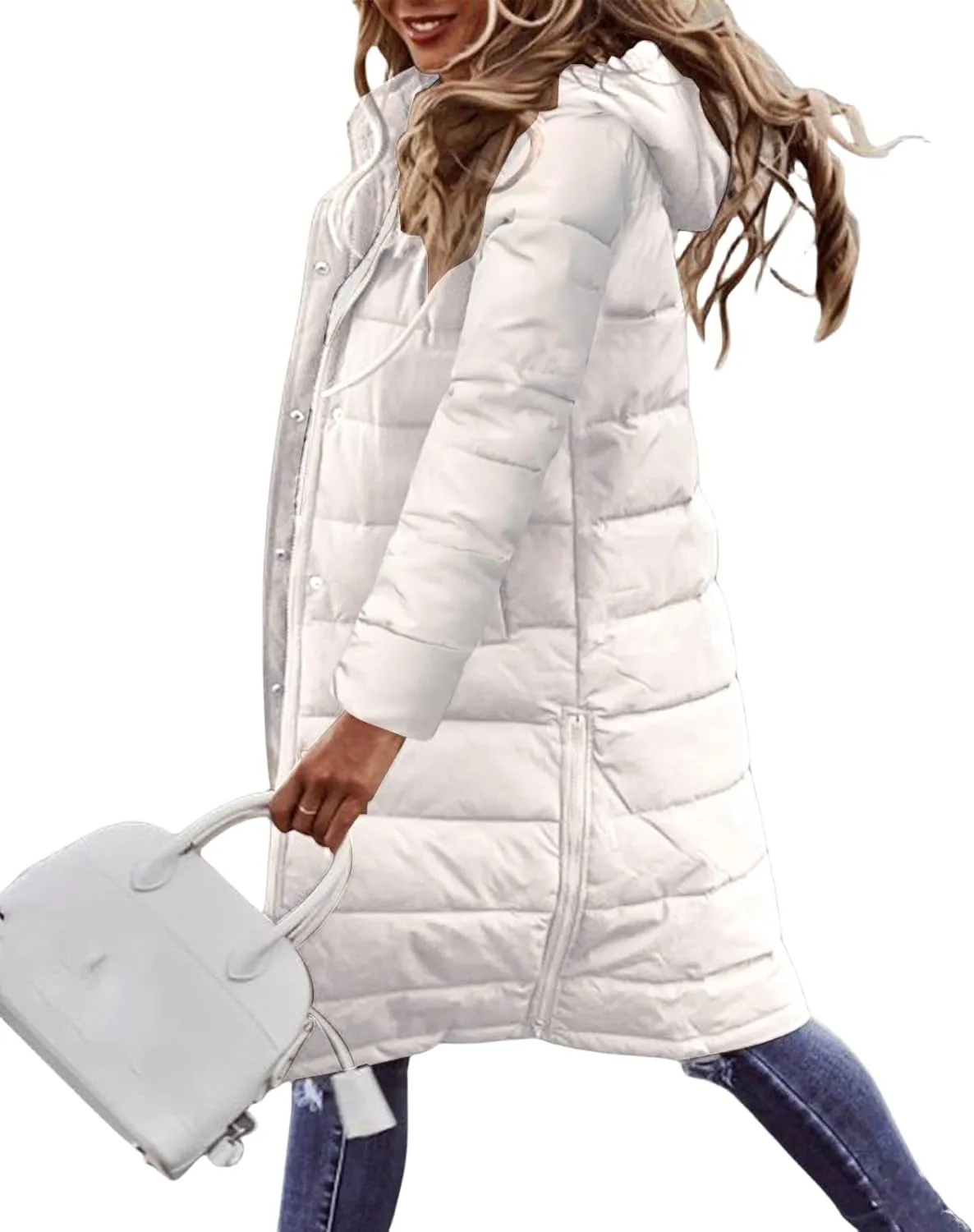 Long Down Jackets for Womens Winter Puffer Jacket Zip Up Hooded Jacket Casual Long Sleeve Quilted Coat