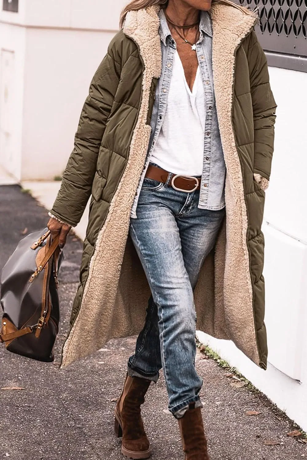 Long Fleece Jacket Women Winter Reversible Puffer Coat Sherpa Padded Down Jackets Oversized Long Sleeve Hooded Coats