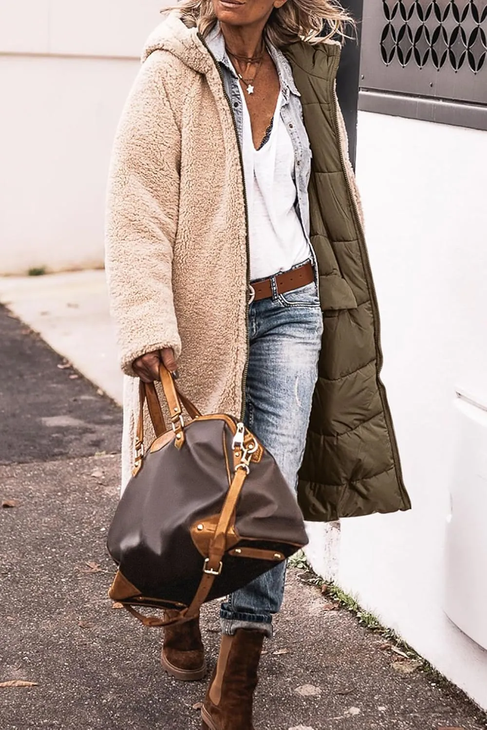 Long Fleece Jacket Women Winter Reversible Puffer Coat Sherpa Padded Down Jackets Oversized Long Sleeve Hooded Coats
