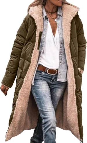 Long Puffer Coat Women Reversible Fleece Jacket Winter Hooded Down Coat Oversized Shearling Fleece Long Coats Jackets