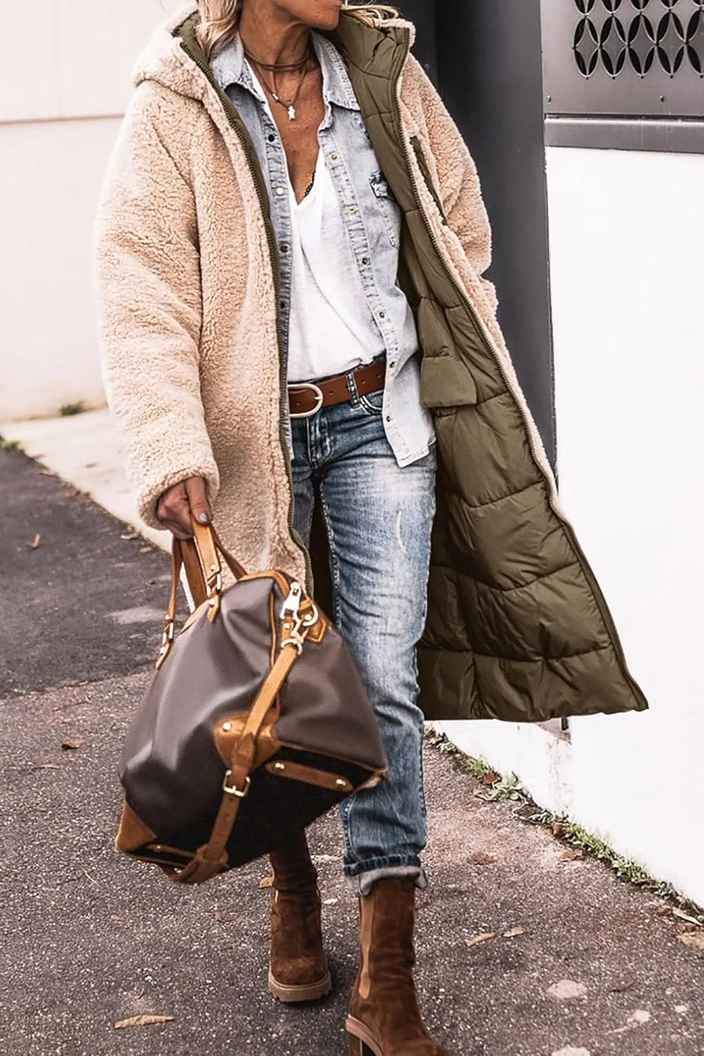 Long Puffer Coat Women Reversible Fleece Jacket Winter Hooded Down Coat Oversized Shearling Fleece Long Coats Jackets