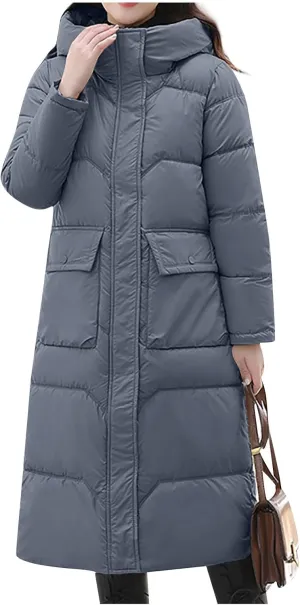 Long Puffer Jacket for Women, 2024 Winter Coat Hooded with Pockets Ladies Long Puffer Zip Up Casual Quilted Outerwear