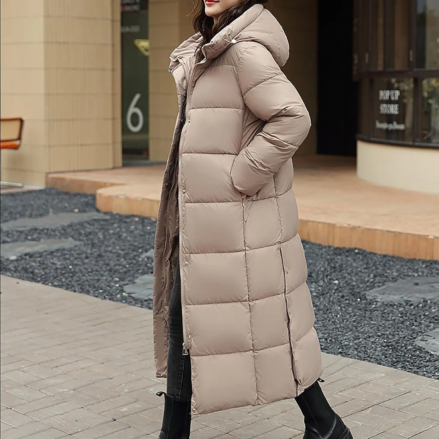 Long Puffer Jacket for Women, 2024 Winter Coat Hooded with Pockets Ladies Long Puffer Zip Up Casual Quilted Outerwear