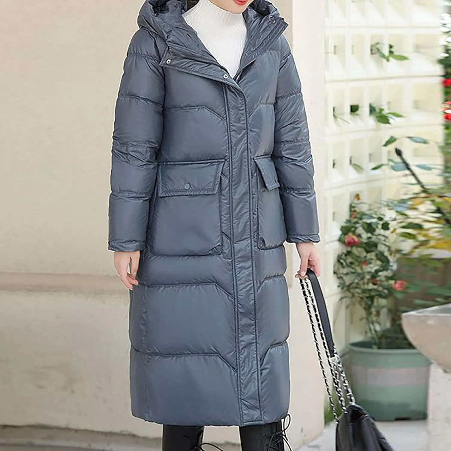 Long Puffer Jacket for Women, 2024 Winter Coat Hooded with Pockets Ladies Long Puffer Zip Up Casual Quilted Outerwear
