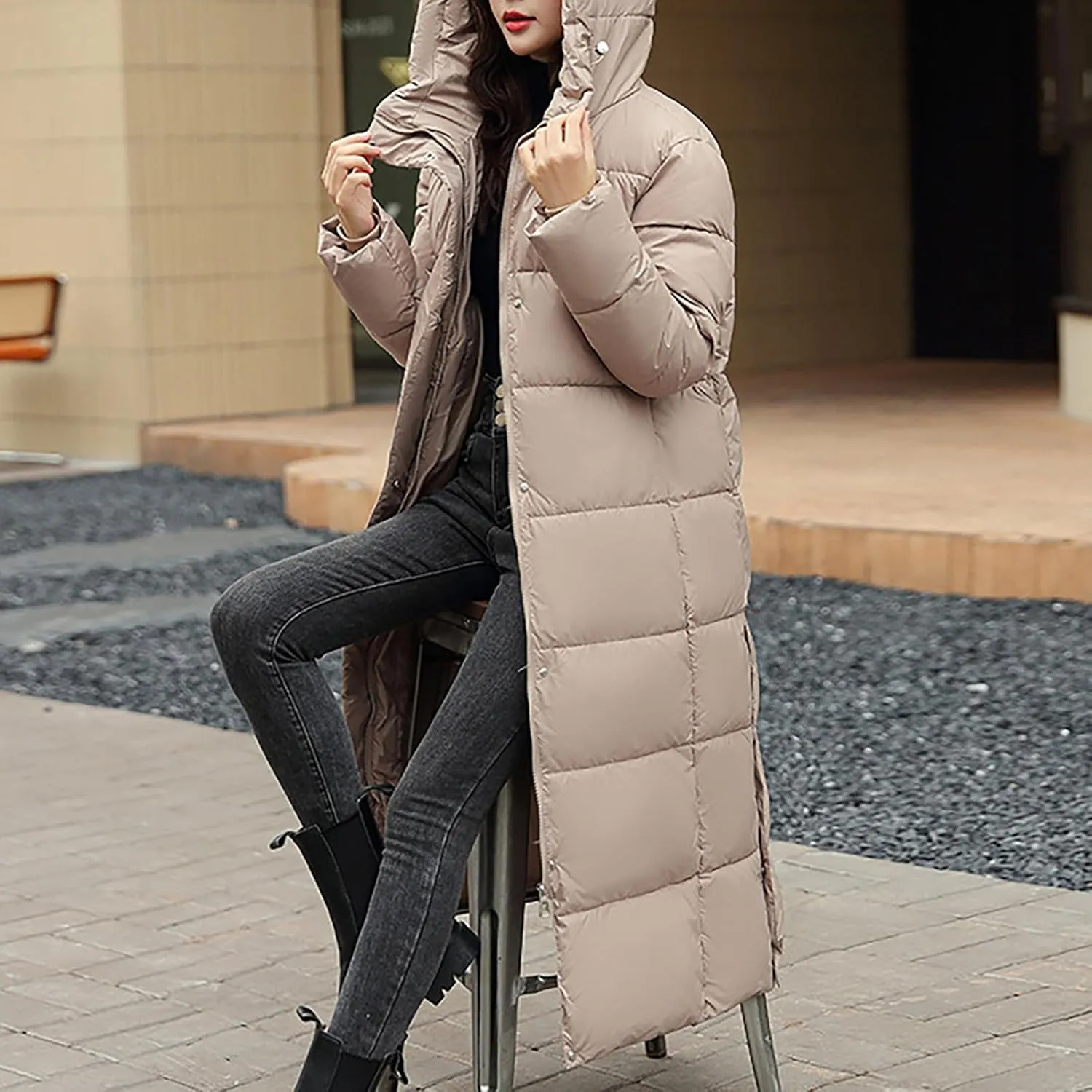 Long Puffer Jacket for Women, 2024 Winter Coat Hooded with Pockets Ladies Long Puffer Zip Up Casual Quilted Outerwear