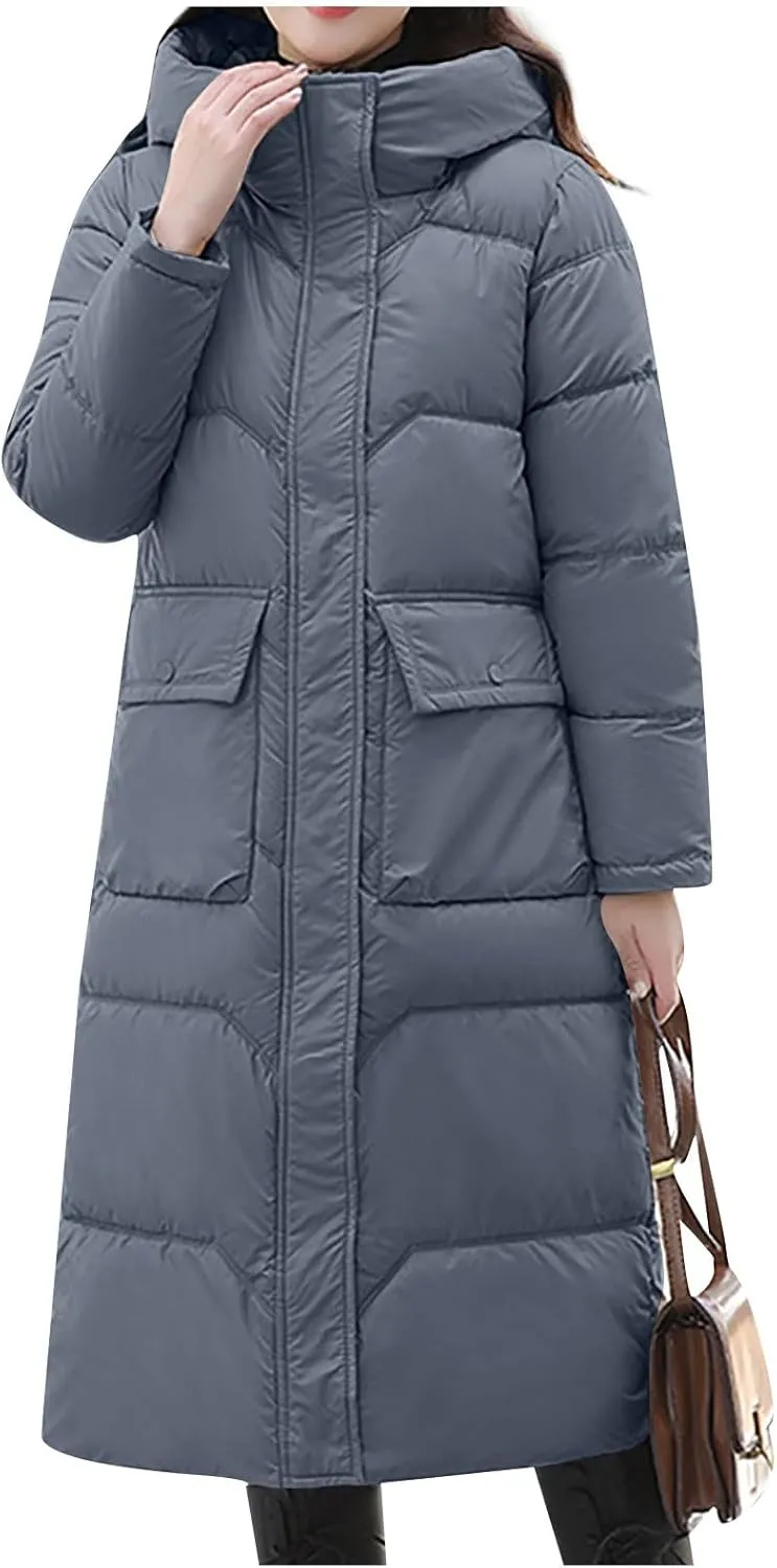Long Puffer Jacket for Women, 2024 Winter Coat Hooded with Pockets Ladies Long Puffer Zip Up Casual Quilted Outerwear