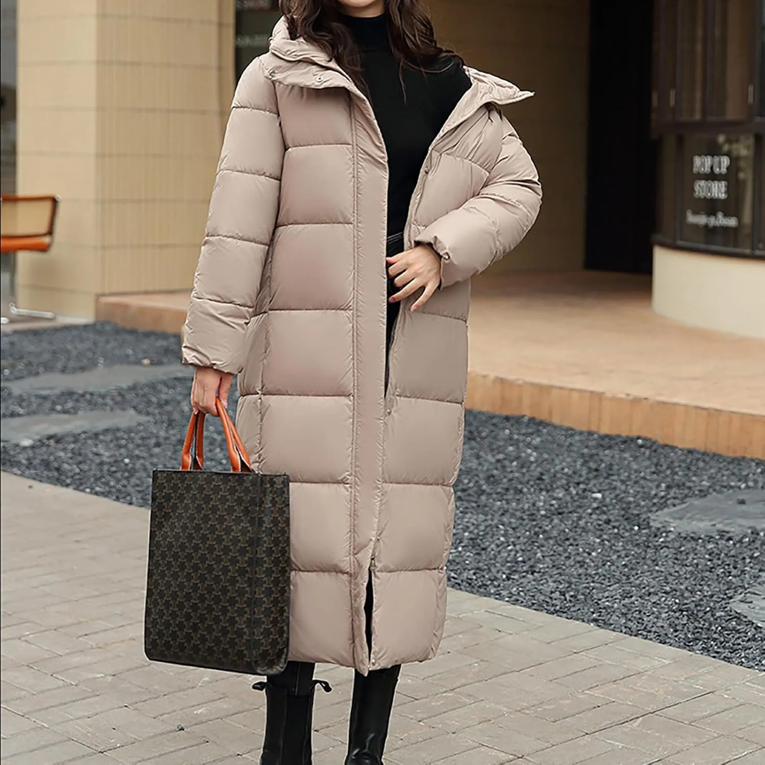 Long Puffer Jacket for Women, 2024 Winter Coat Hooded with Pockets Ladies Long Puffer Zip Up Casual Quilted Outerwear