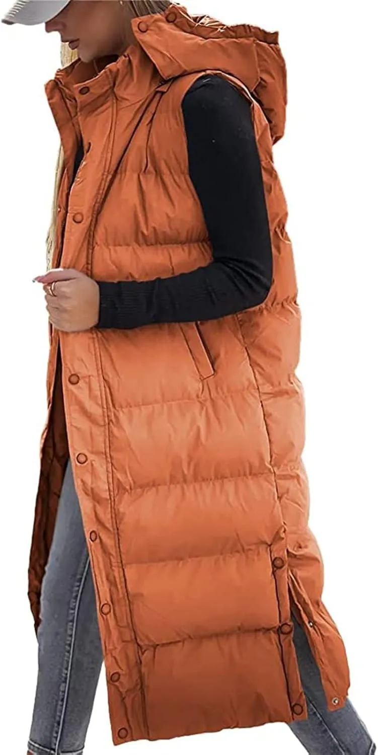 Long Puffer Vest for Women Puffy Zipper Plus Size Down Sleeveless Jacket Oversized Winter Warm Coat