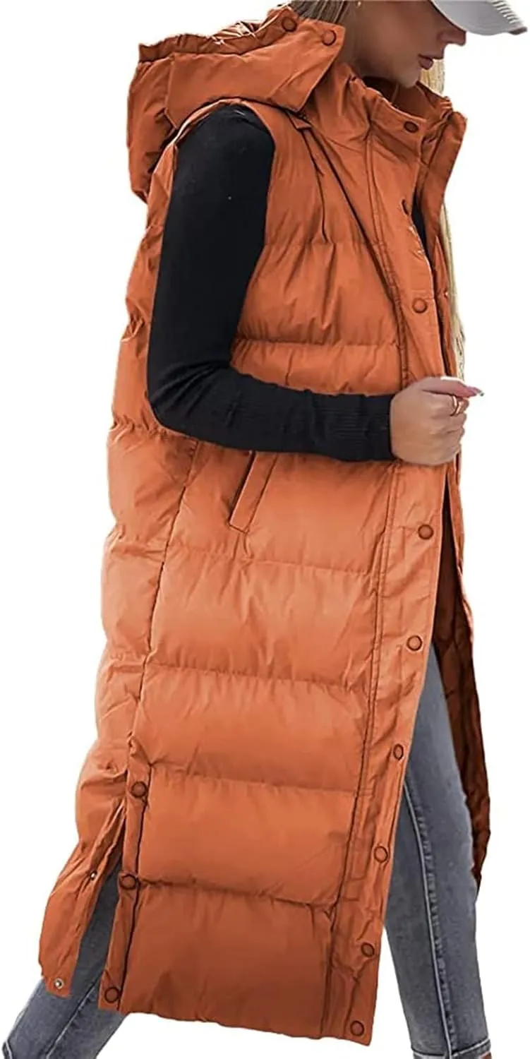 Long Puffer Vest for Women Puffy Zipper Plus Size Down Sleeveless Jacket Oversized Winter Warm Coat