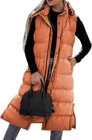 Long Puffer Vest for Women Puffy Zipper Plus Size Down Sleeveless Jacket Oversized Winter Warm Coat