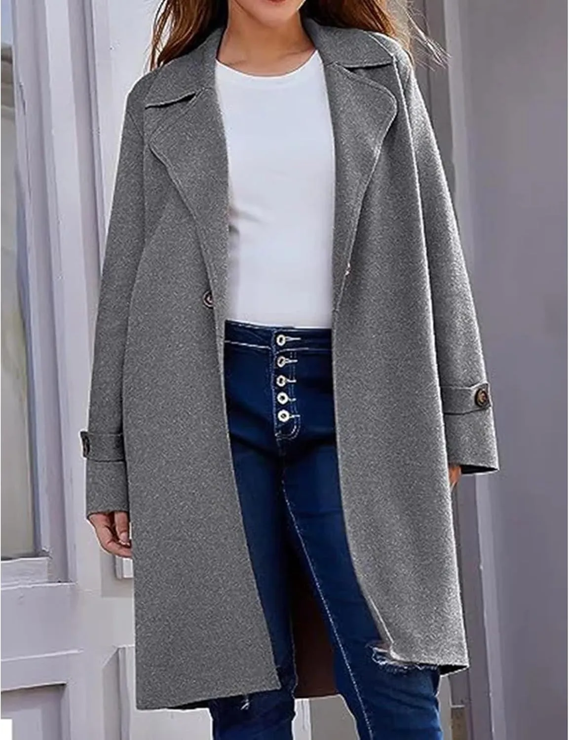 Long Trench Coat for Women Casual Single Breasted Coat Long Sleeve Oversized Wool Blend Peacoat Overcoat with Pocket