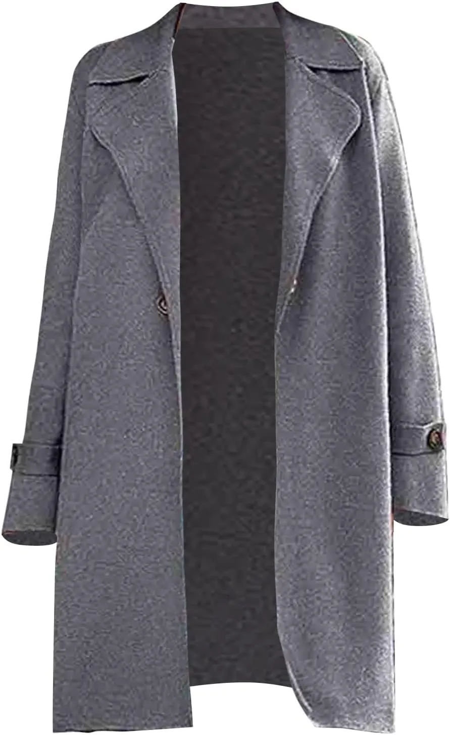 Long Trench Coat for Women Casual Single Breasted Coat Long Sleeve Oversized Wool Blend Peacoat Overcoat with Pocket