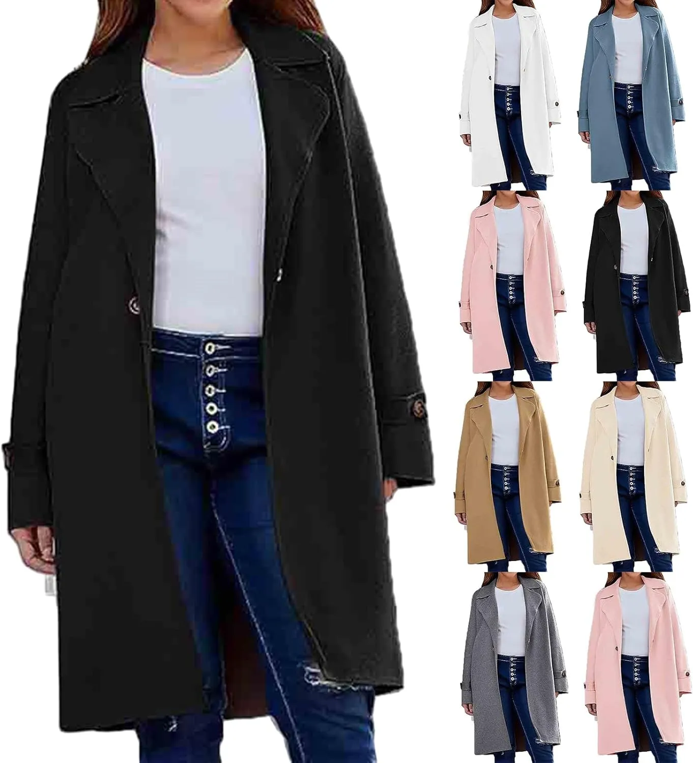Long Trench Coat for Women Casual Single Breasted Coat Long Sleeve Oversized Wool Blend Peacoat Overcoat with Pocket