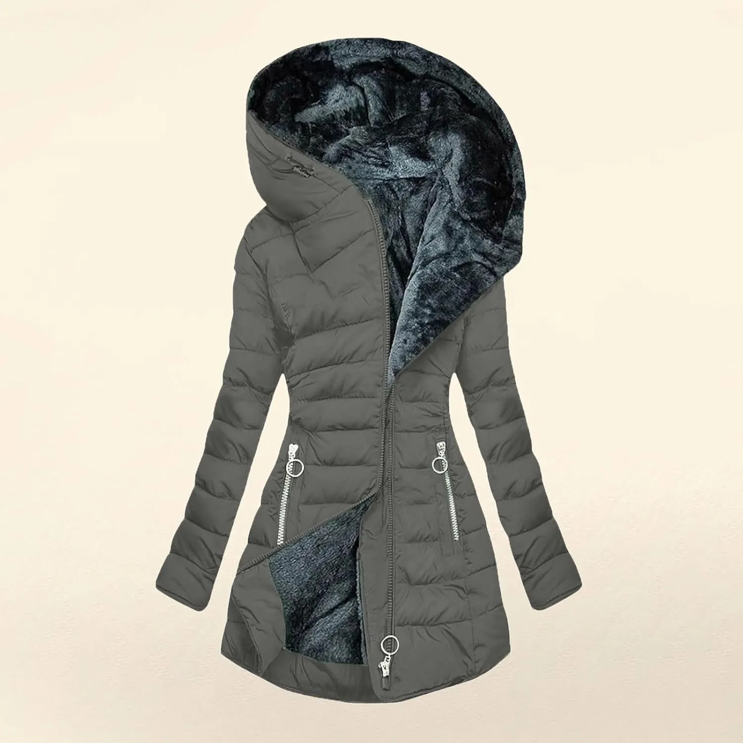 Long Winter Coats for Women Fleece Lined Warm Puffer Jackets Thicken Fur Hooded Parka Outerwear with Zipper Pockets