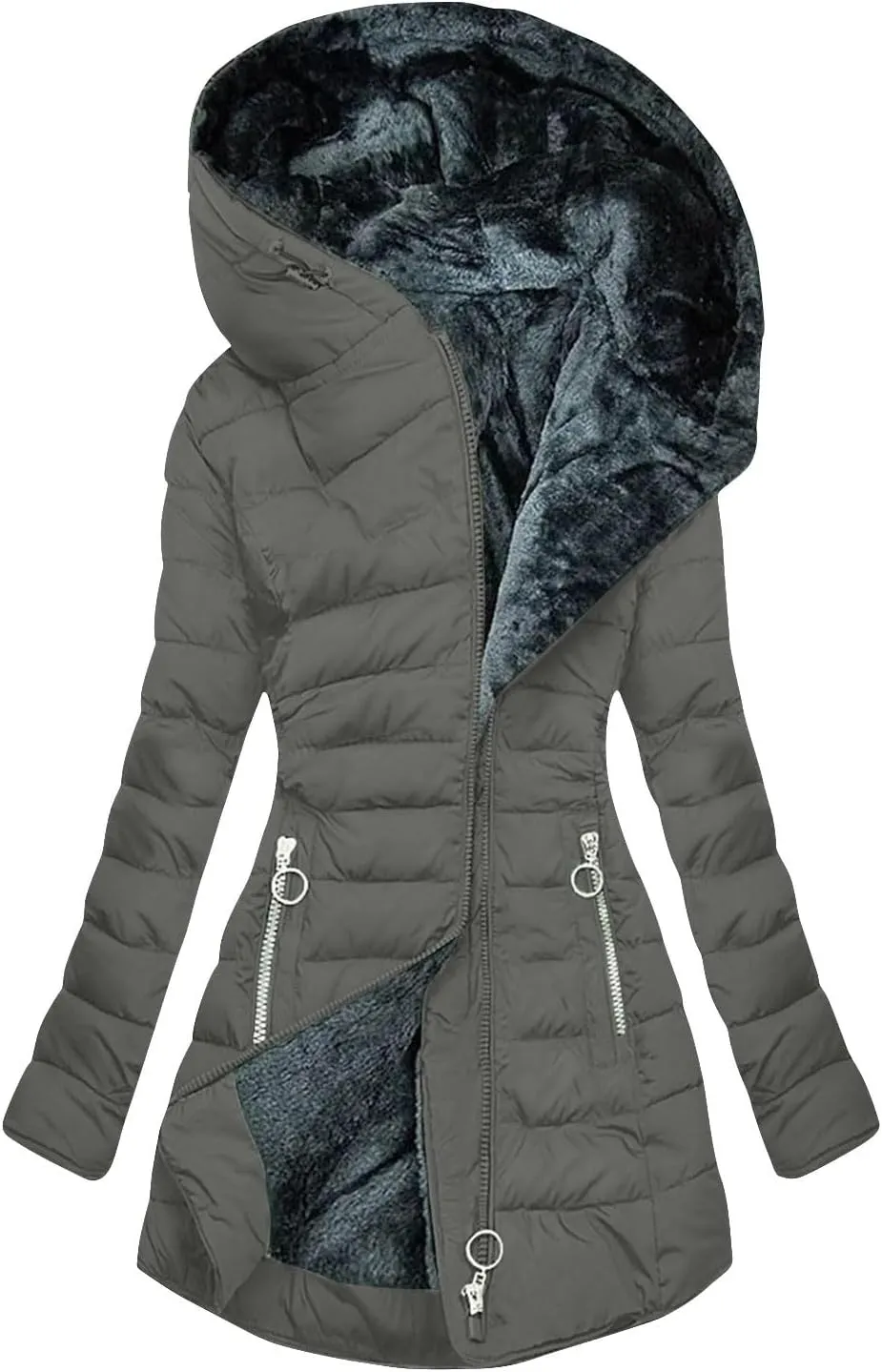 Long Winter Coats for Women Fleece Lined Warm Puffer Jackets Thicken Fur Hooded Parka Outerwear with Zipper Pockets