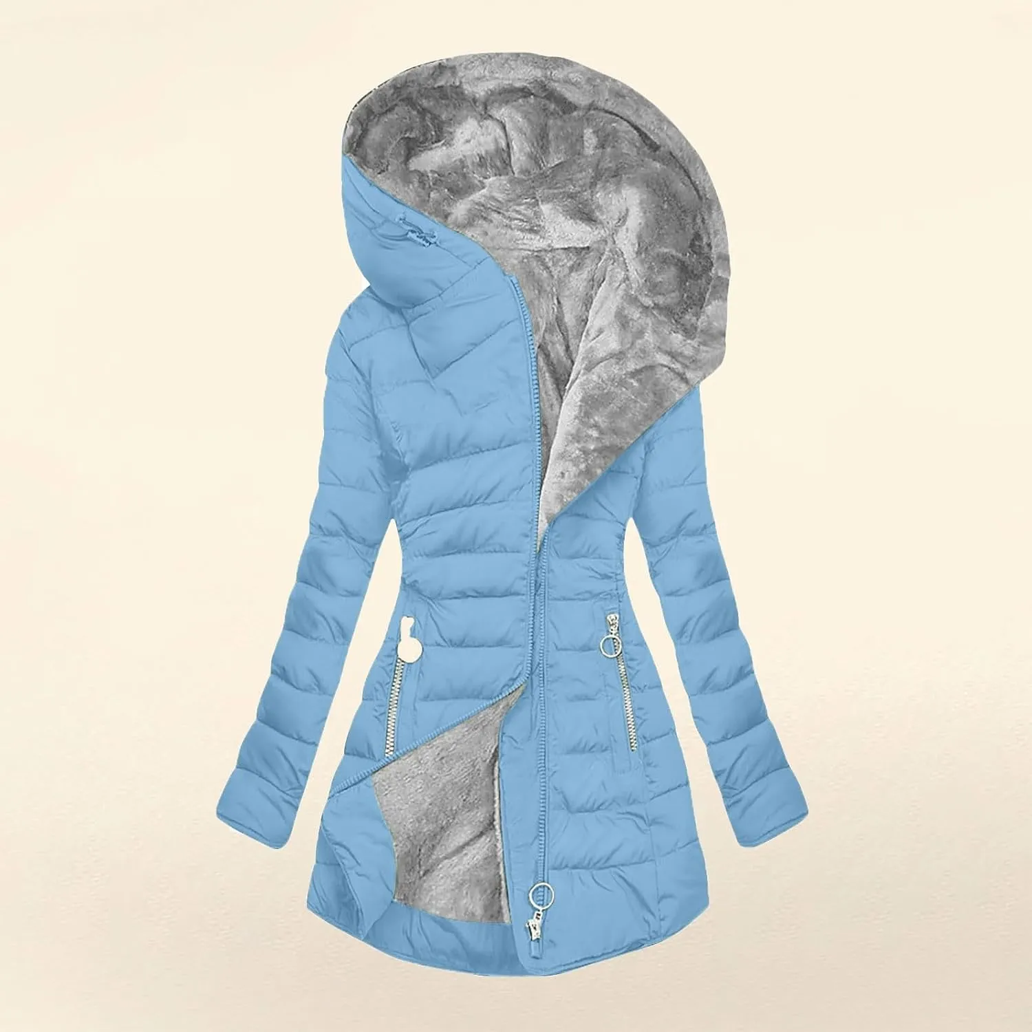 Long Winter Coats for Women Fleece Lined Warm Puffer Jackets Thicken Fur Hooded Parka Outerwear with Zipper Pockets