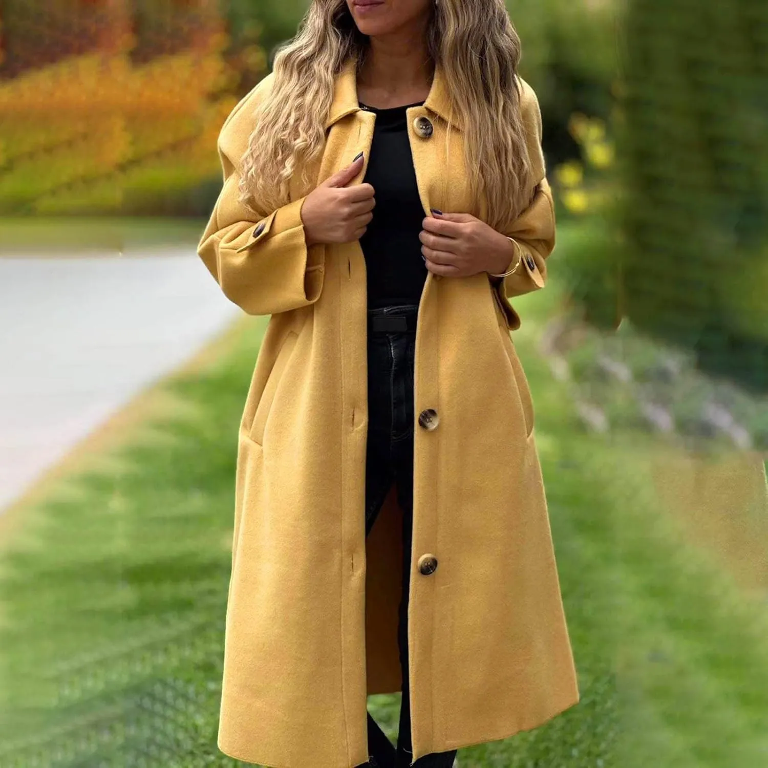 Long Wool Coat Women Fall Winter Blend Single-Breasted Peacoats Elegant Business Lapel Trench Coat Open Front Overcoat