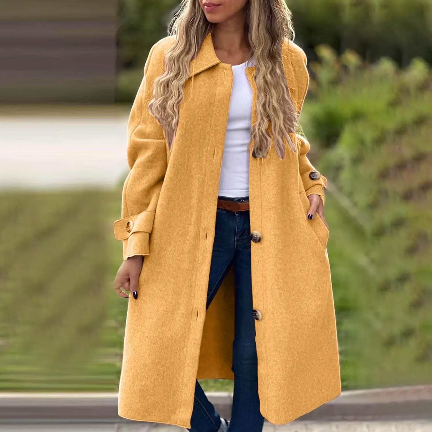 Long Wool Coat Women Fall Winter Blend Single-Breasted Peacoats Elegant Business Lapel Trench Coat Open Front Overcoat