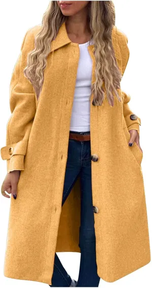 Long Wool Coat Women Fall Winter Blend Single-Breasted Peacoats Elegant Business Lapel Trench Coat Open Front Overcoat