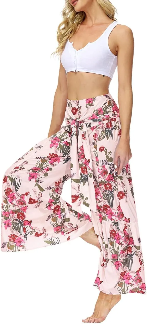 Lrady Women Wide Leg Palazzo Lounge Pants Printed Beach Summer Boho Tie-Waist Bell Bottoms Trousers