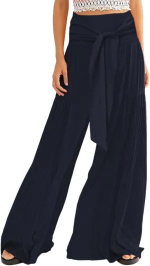 Lrady Women Wide Leg Palazzo Lounge Pants Printed Beach Summer Boho Tie-Waist Bell Bottoms Trousers