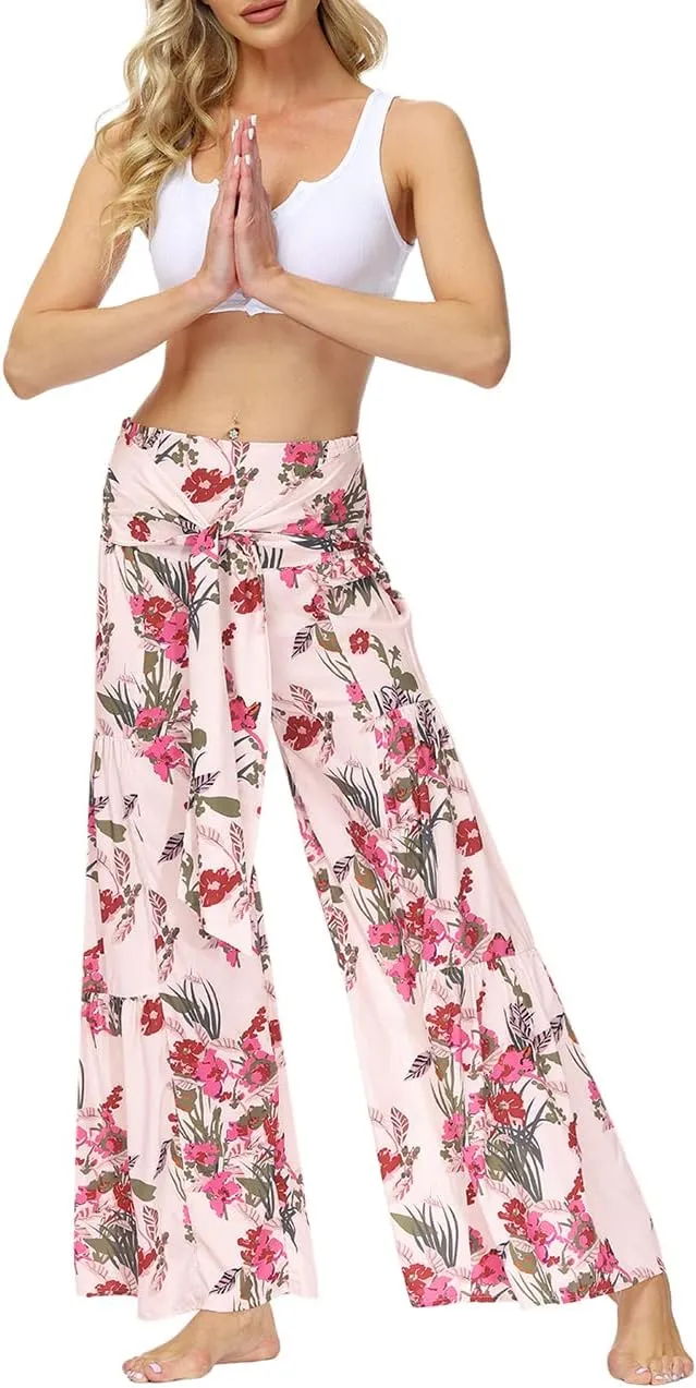 Lrady Women Wide Leg Palazzo Lounge Pants Printed Beach Summer Boho Tie-Waist Bell Bottoms Trousers