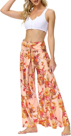Lrady Women Wide Leg Palazzo Lounge Pants Printed Beach Summer Boho Tie-Waist Bell Bottoms Trousers