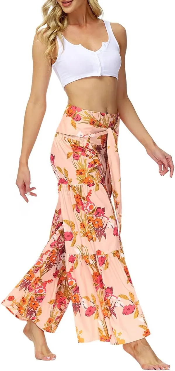 Lrady Women Wide Leg Palazzo Lounge Pants Printed Beach Summer Boho Tie-Waist Bell Bottoms Trousers