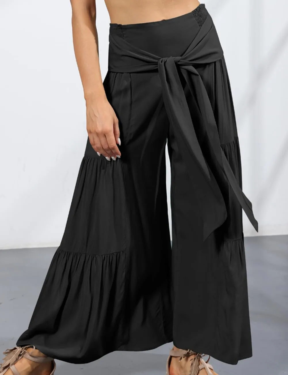 Lrady Women Wide Leg Palazzo Lounge Pants Printed Beach Summer Boho Tie-Waist Bell Bottoms Trousers