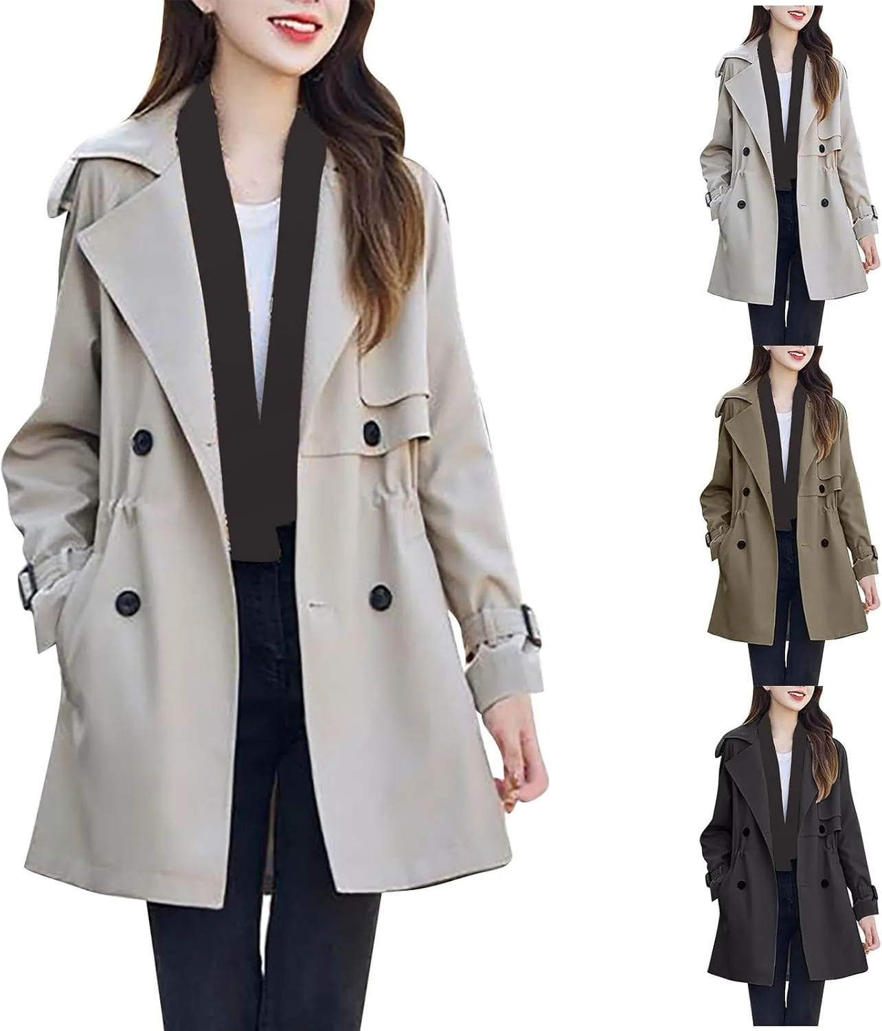 maisdgop Trench Coat Women Mid Length Lightweight Fall Jackets Casual Long Sleeve Zip up Windbreaker Workout Hooded Pea Coat