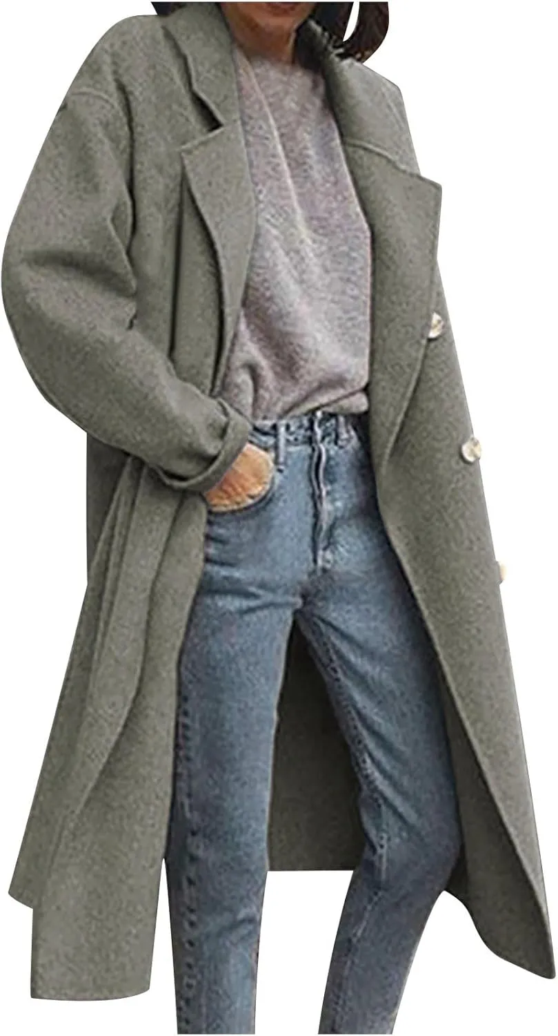 maisdgop Trench Coats for Women Classic Double Breasted Peacoat Long Sleeve Lapel Windbreaker Winter Woolen Cloth Jackets