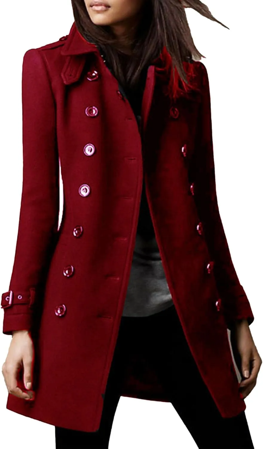 Maiyifu-GJ Womens Mid Long Wool Blend Coats Notched Lapel Collar Double Breasted Coat Fall Winter Jackets Overcoat