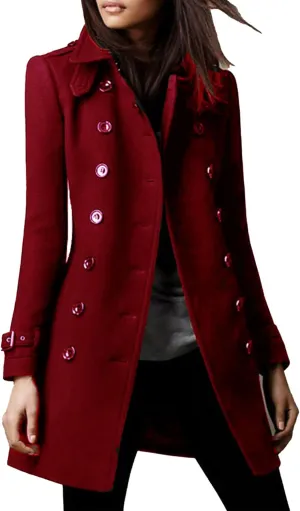 Maiyifu-GJ Womens Mid Long Wool Blend Coats Notched Lapel Collar Double Breasted Coat Fall Winter Jackets Overcoat