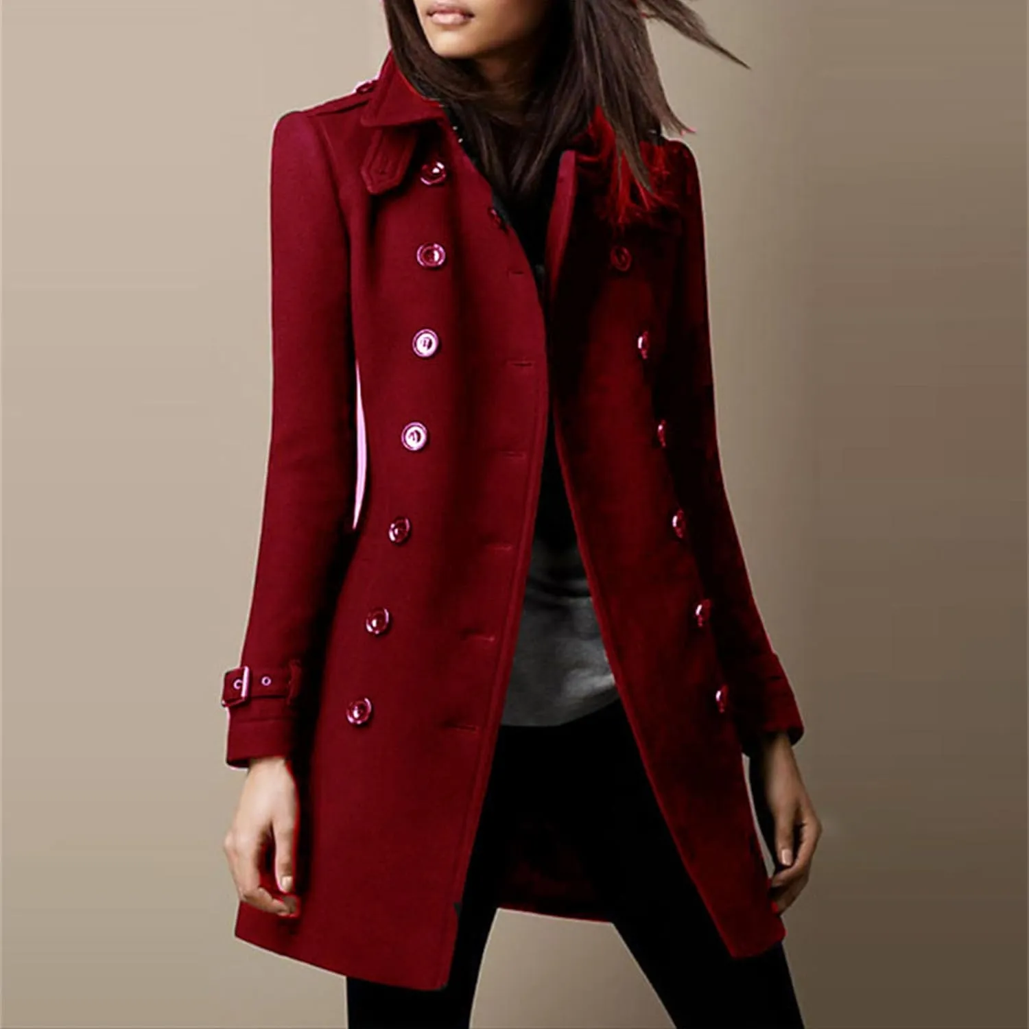 Maiyifu-GJ Womens Mid Long Wool Blend Coats Notched Lapel Collar Double Breasted Coat Fall Winter Jackets Overcoat