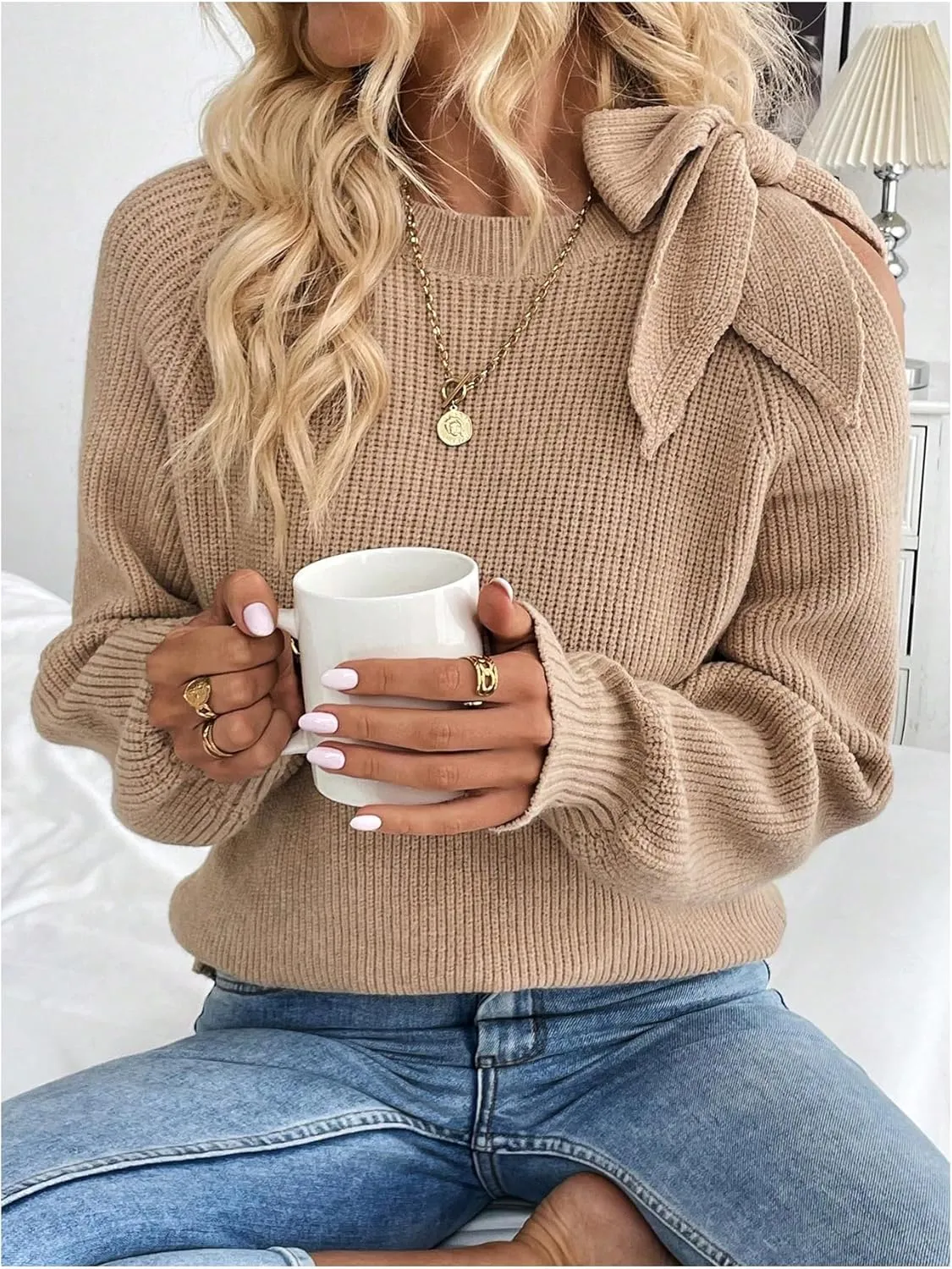 MakeMeChic Women's Long Sleeve Sweater Round Neck Cut Out Bow Knot Asymmetrical Knit Tops