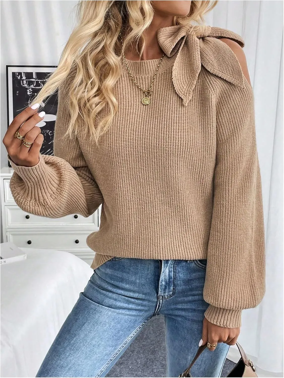 MakeMeChic Women's Long Sleeve Sweater Round Neck Cut Out Bow Knot Asymmetrical Knit Tops
