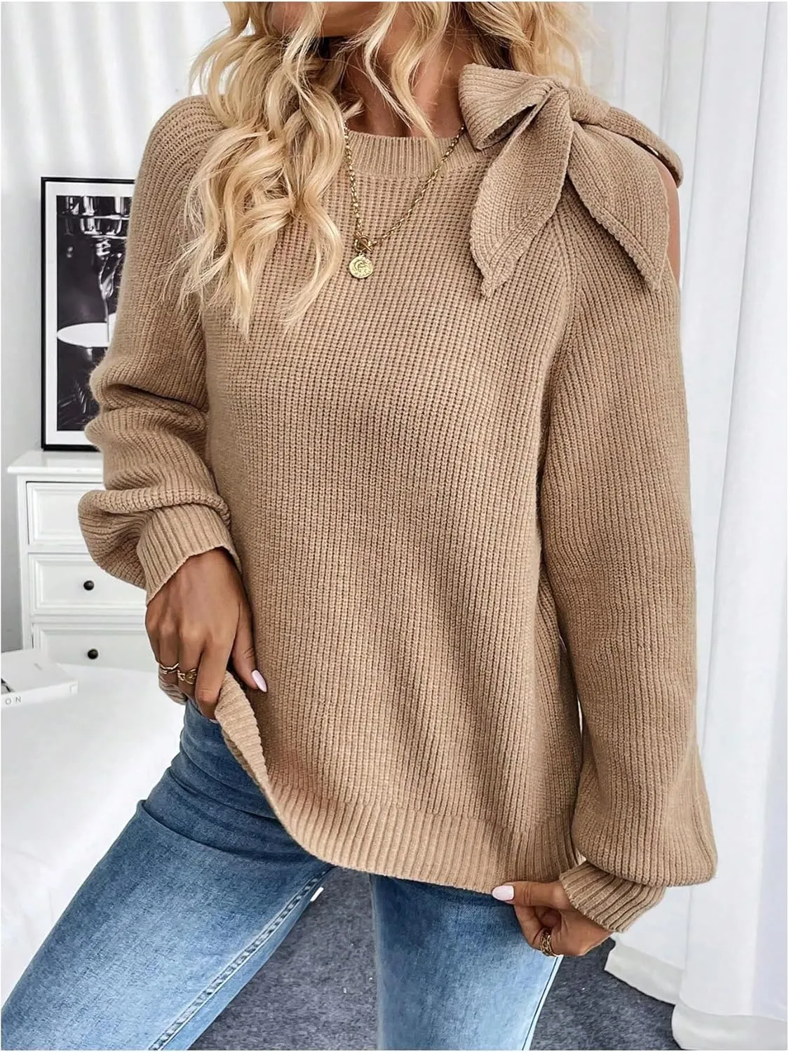 MakeMeChic Women's Long Sleeve Sweater Round Neck Cut Out Bow Knot Asymmetrical Knit Tops