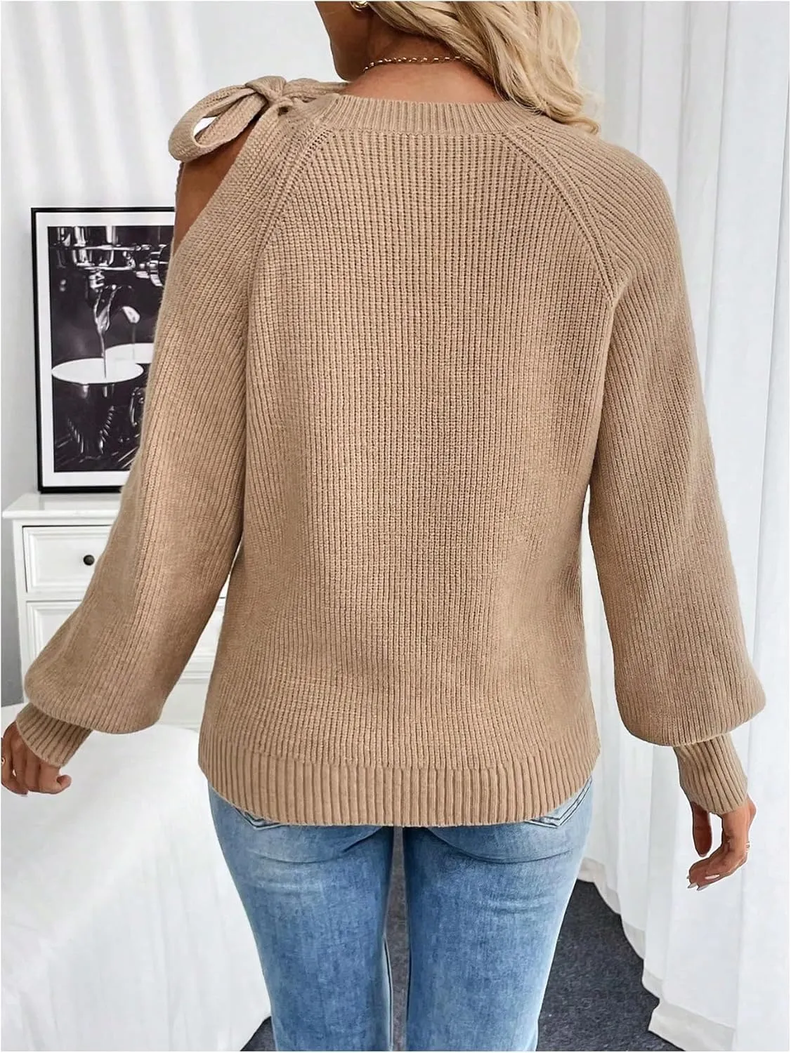 MakeMeChic Women's Long Sleeve Sweater Round Neck Cut Out Bow Knot Asymmetrical Knit Tops