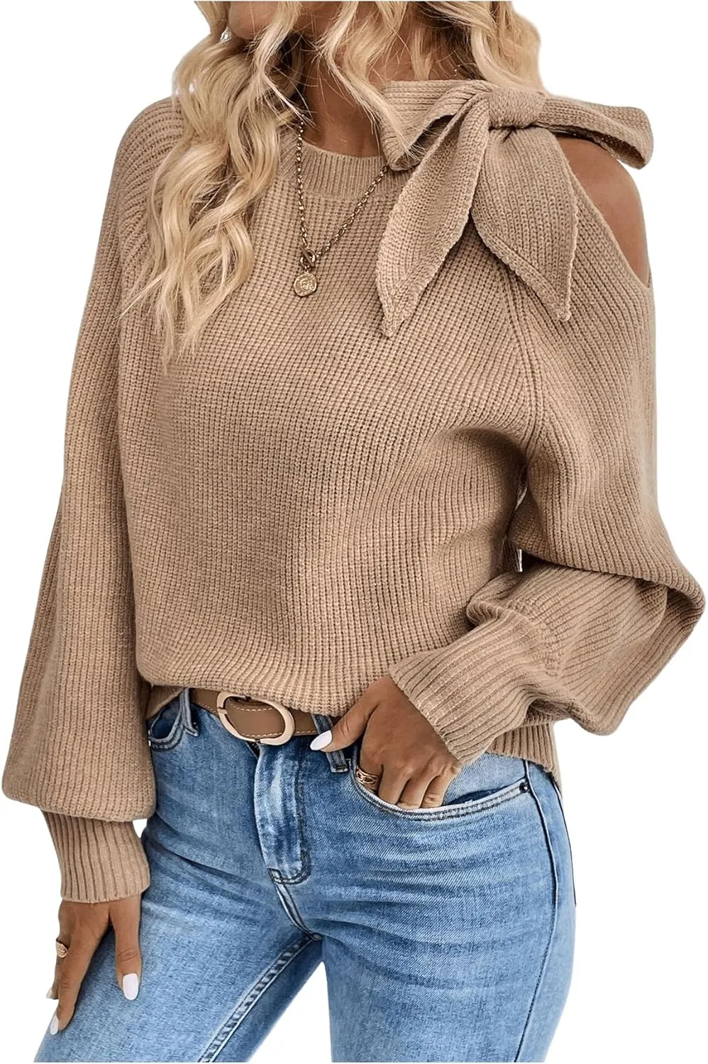 MakeMeChic Women's Long Sleeve Sweater Round Neck Cut Out Bow Knot Asymmetrical Knit Tops